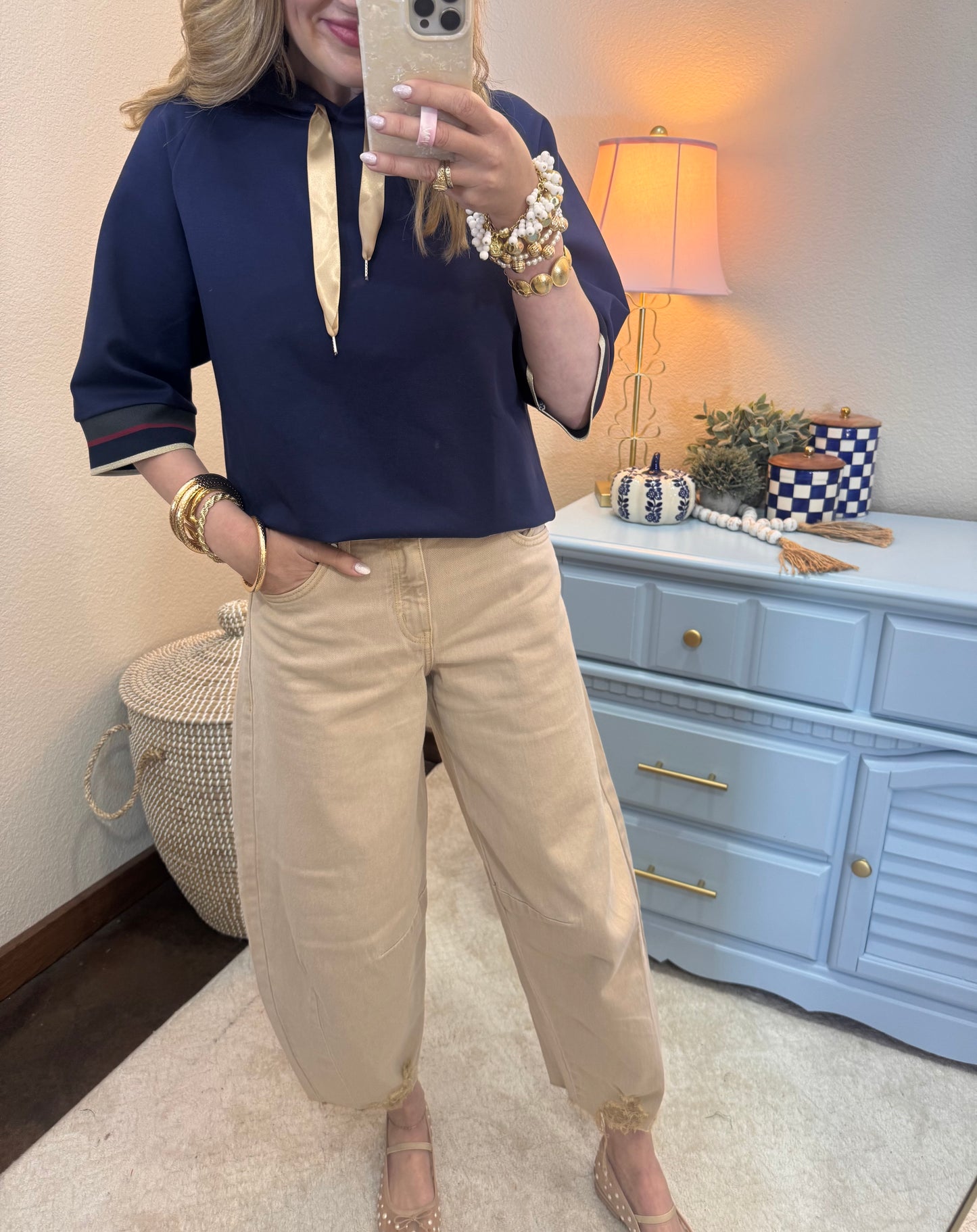 Navy Scuba 3/4 Sleeve Hoodie Top