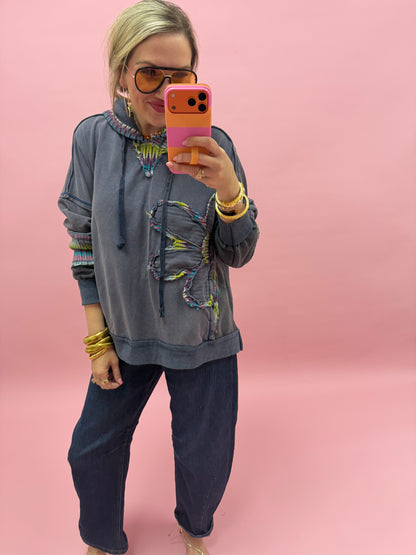 Blue Daisy Patch Hooded Sweat Shirt