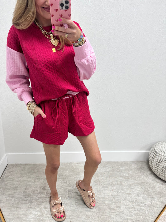 Raspberry and Pink Quilted Two Piece Long Sleeve Short Set
