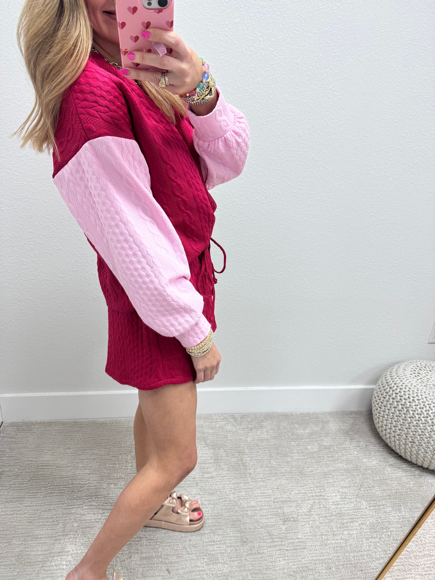Raspberry and Pink Quilted Two Piece Long Sleeve Short Set