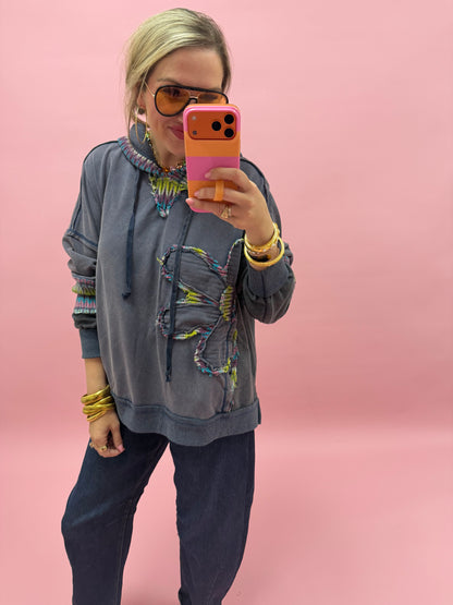 Blue Daisy Patch Hooded Sweat Shirt