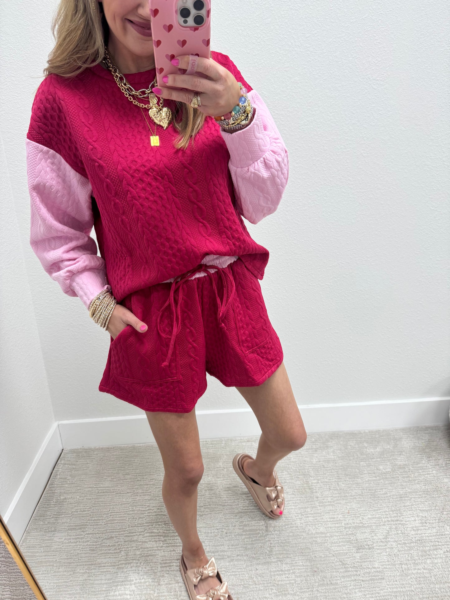 Raspberry and Pink Quilted Two Piece Long Sleeve Short Set