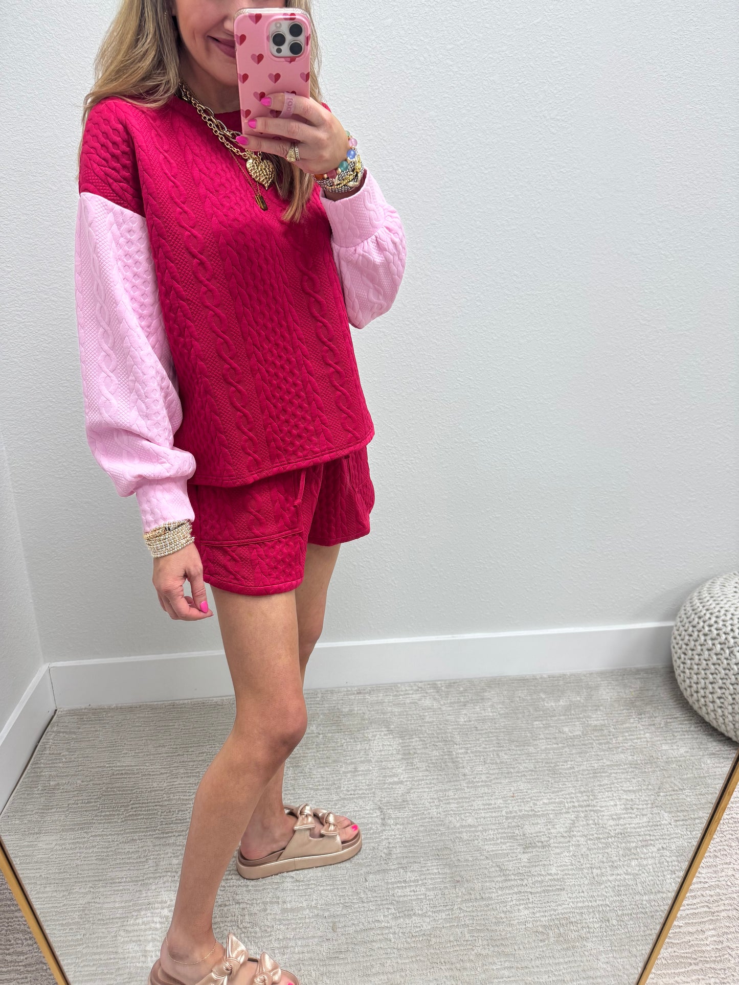Raspberry and Pink Quilted Two Piece Long Sleeve Short Set