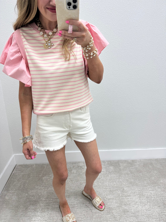 Pink Ruffle Sleeve Striped Top