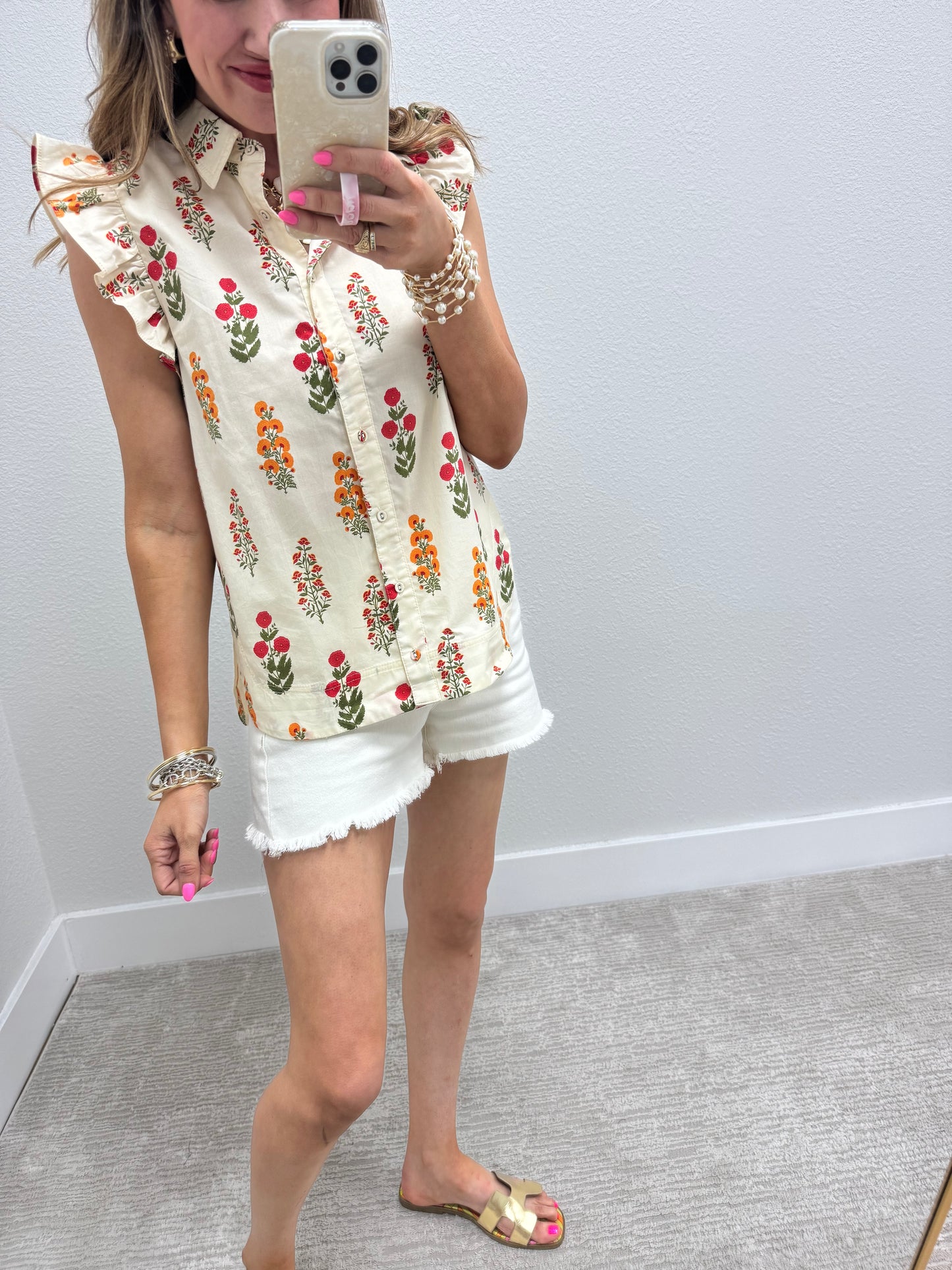 Cream Mix Floral Button Up Top With Rounded Bottom