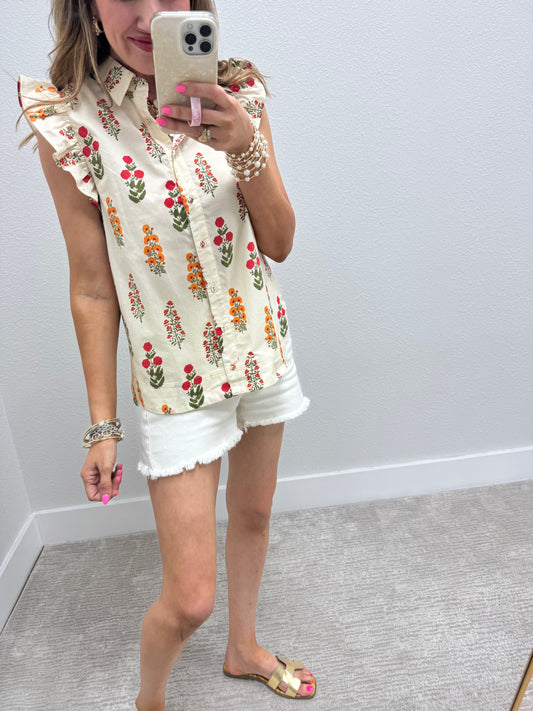 Cream Mix Floral Button Up Top With Rounded Bottom
