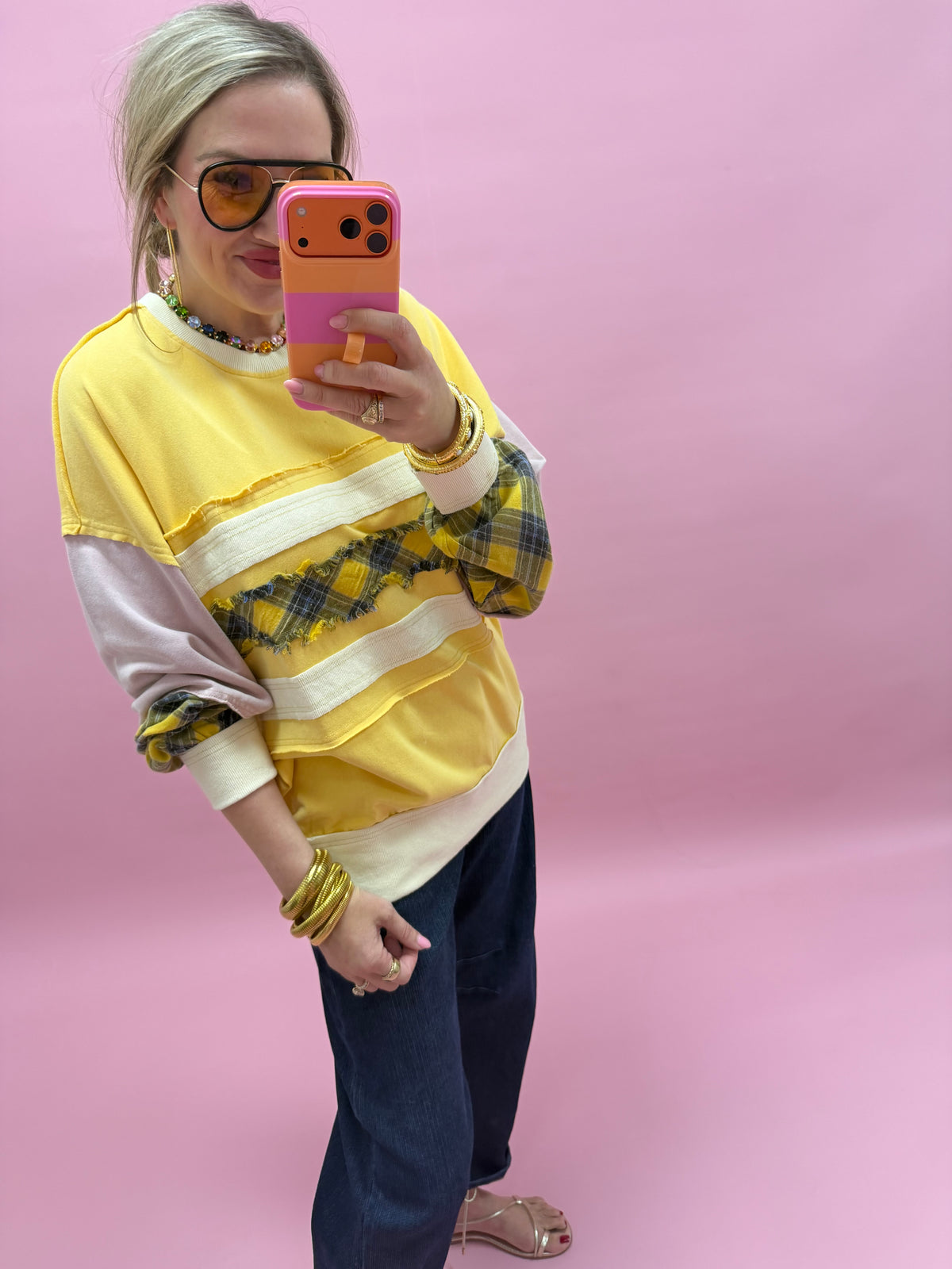 Plaid And Multi Color Washed Terry Pullover