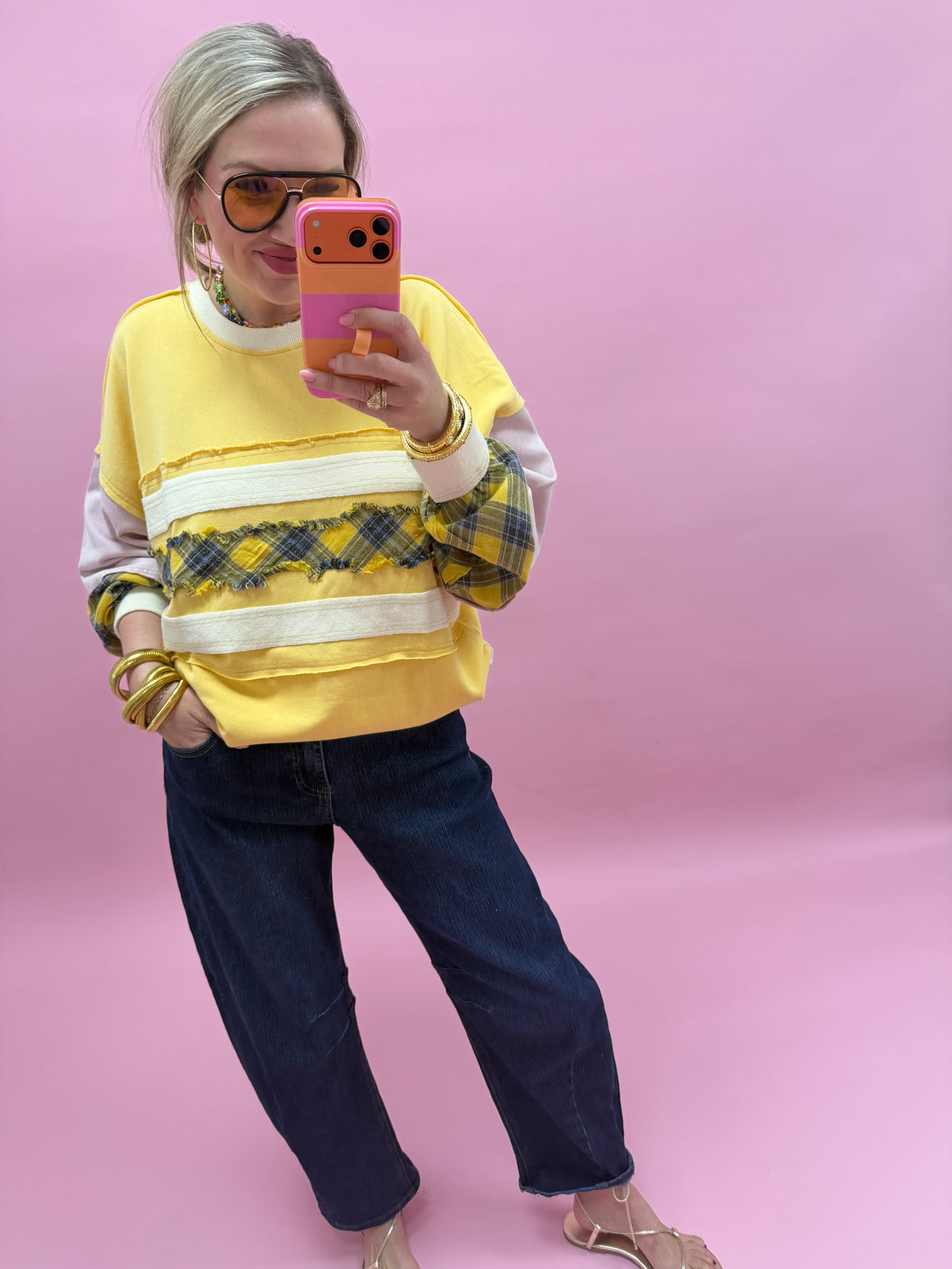 Plaid And Multi Color Washed Terry Pullover