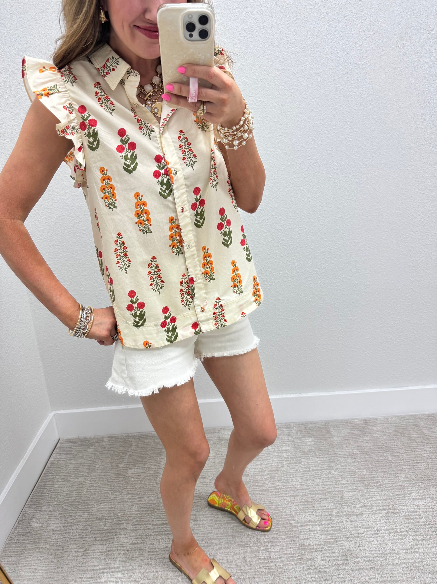 Cream Mix Floral Button Up Top With Rounded Bottom