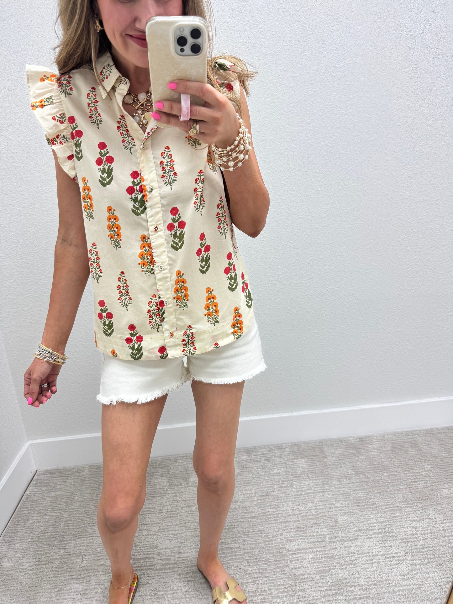 Cream Mix Floral Button Up Top With Rounded Bottom