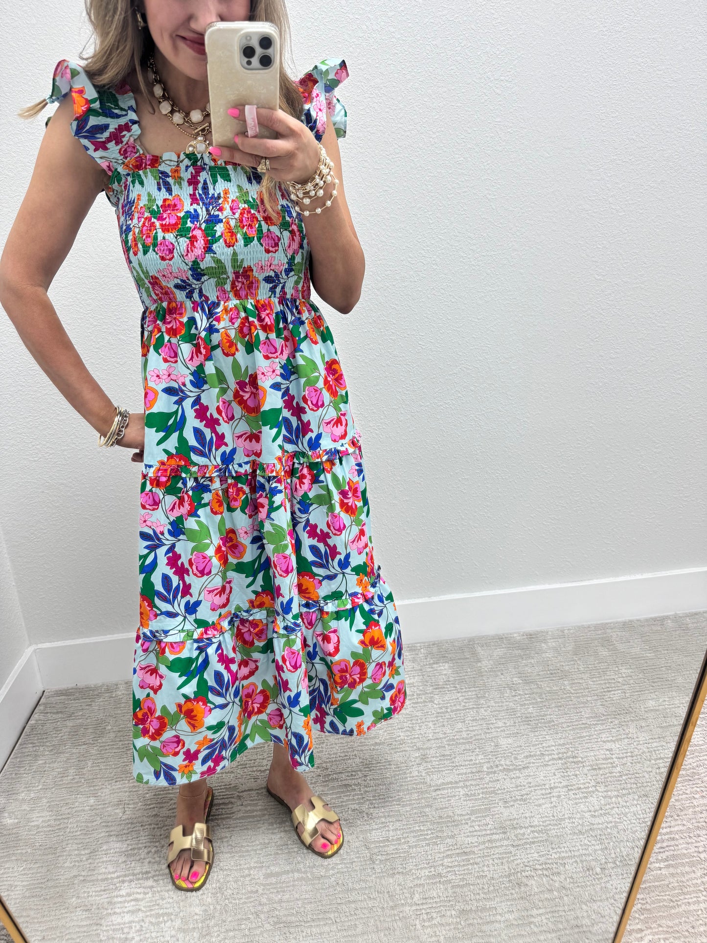 Sky Blue Floral Mix Smocked Midi Dress