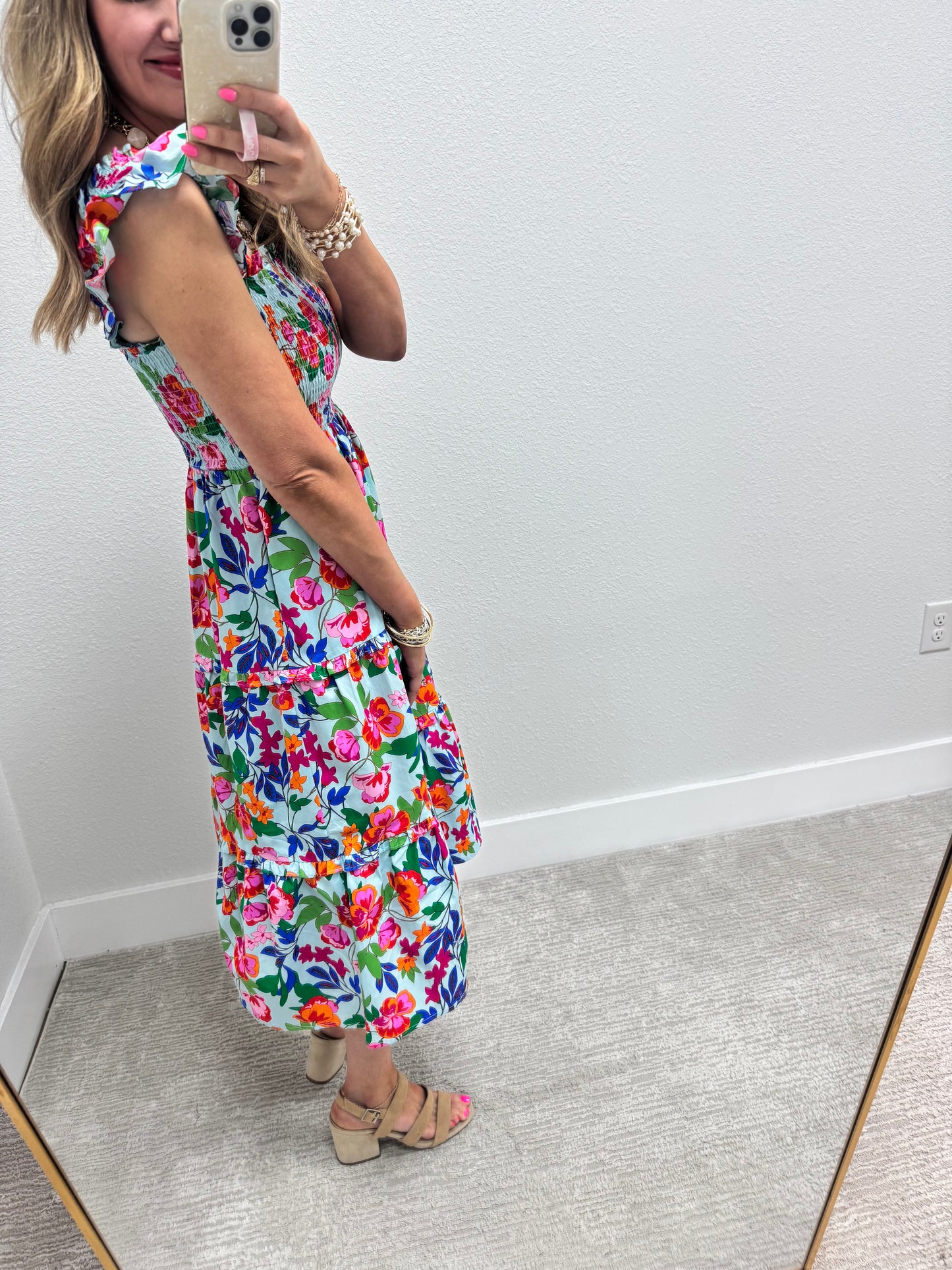 Sky Blue Floral Mix Smocked Midi Dress