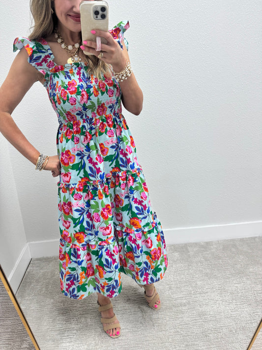 Sky Blue Floral Mix Smocked Midi Dress