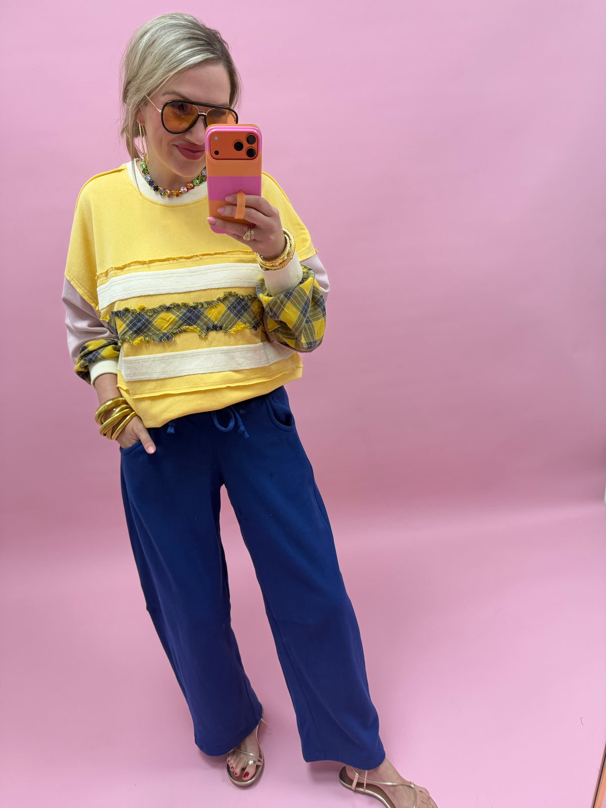 Plaid And Multi Color Washed Terry Pullover