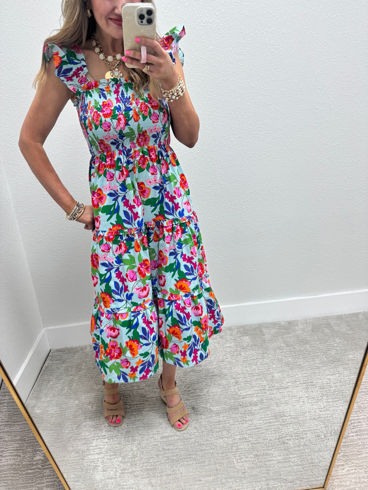 Sky Blue Floral Mix Smocked Midi Dress