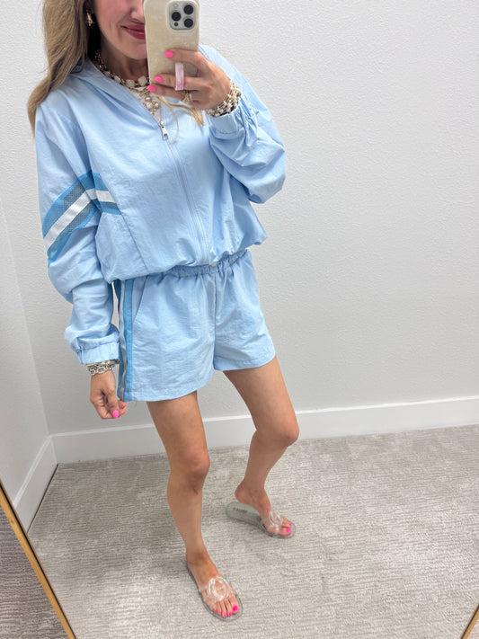 Blue and White Two Piece Windbreaker Set