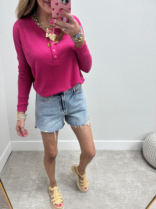 Pink Waffle Long Sleeve Henley Top