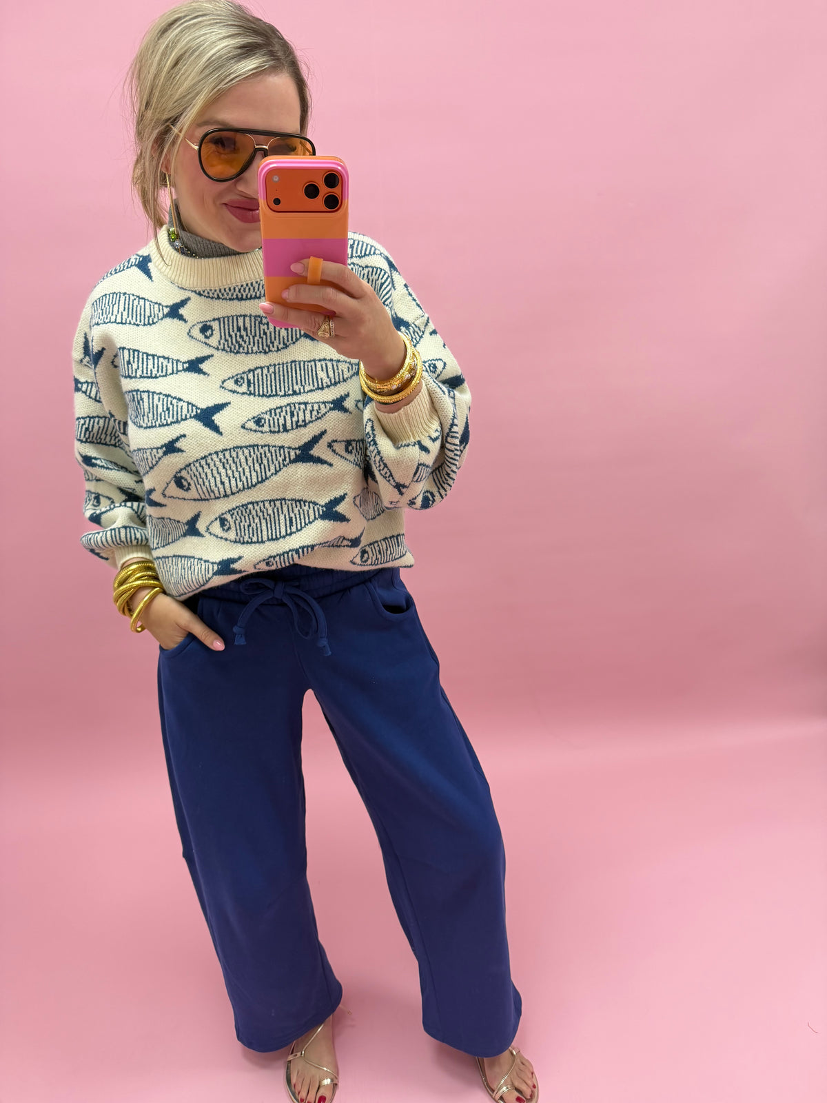 Navy Fleece Barrel Leg Sweatpants