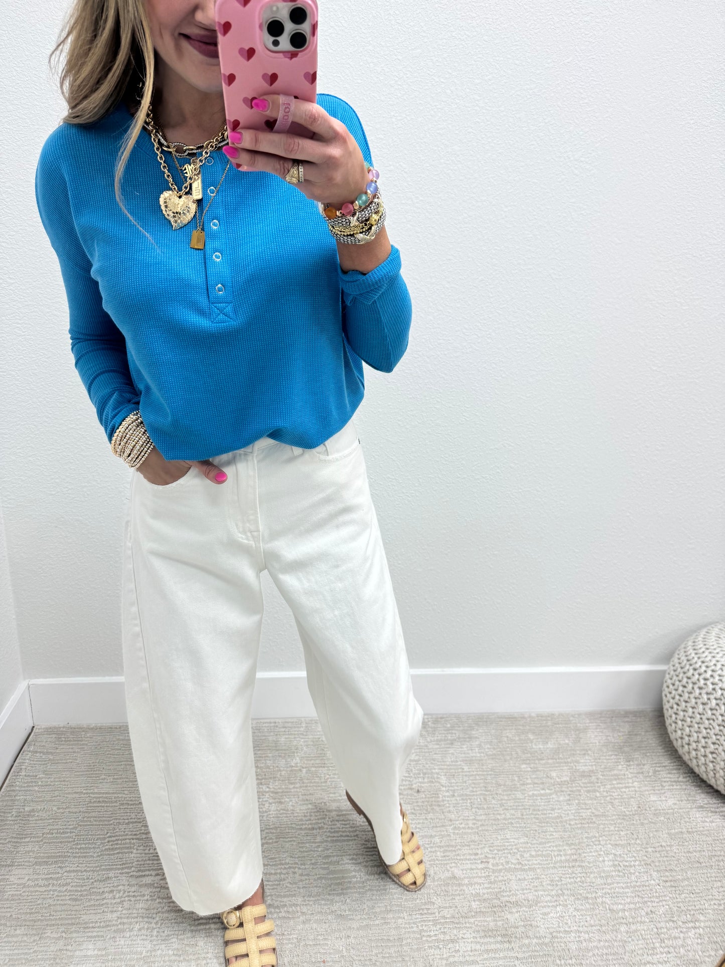 Turquoise Waffle Long Sleeve Henley Top