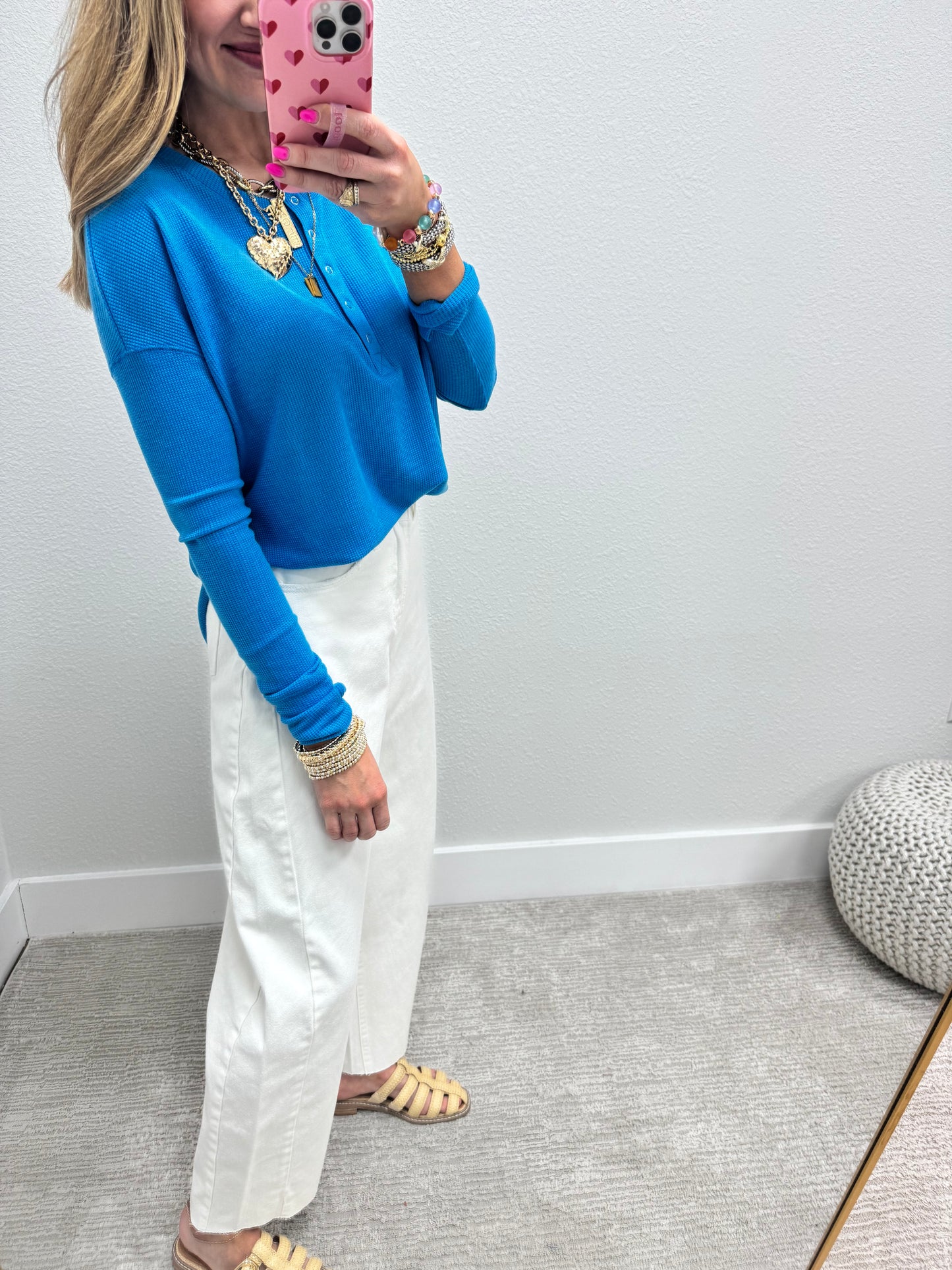 Turquoise Waffle Long Sleeve Henley Top