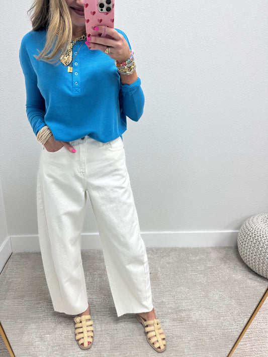 Turquoise Waffle Long Sleeve Henley Top