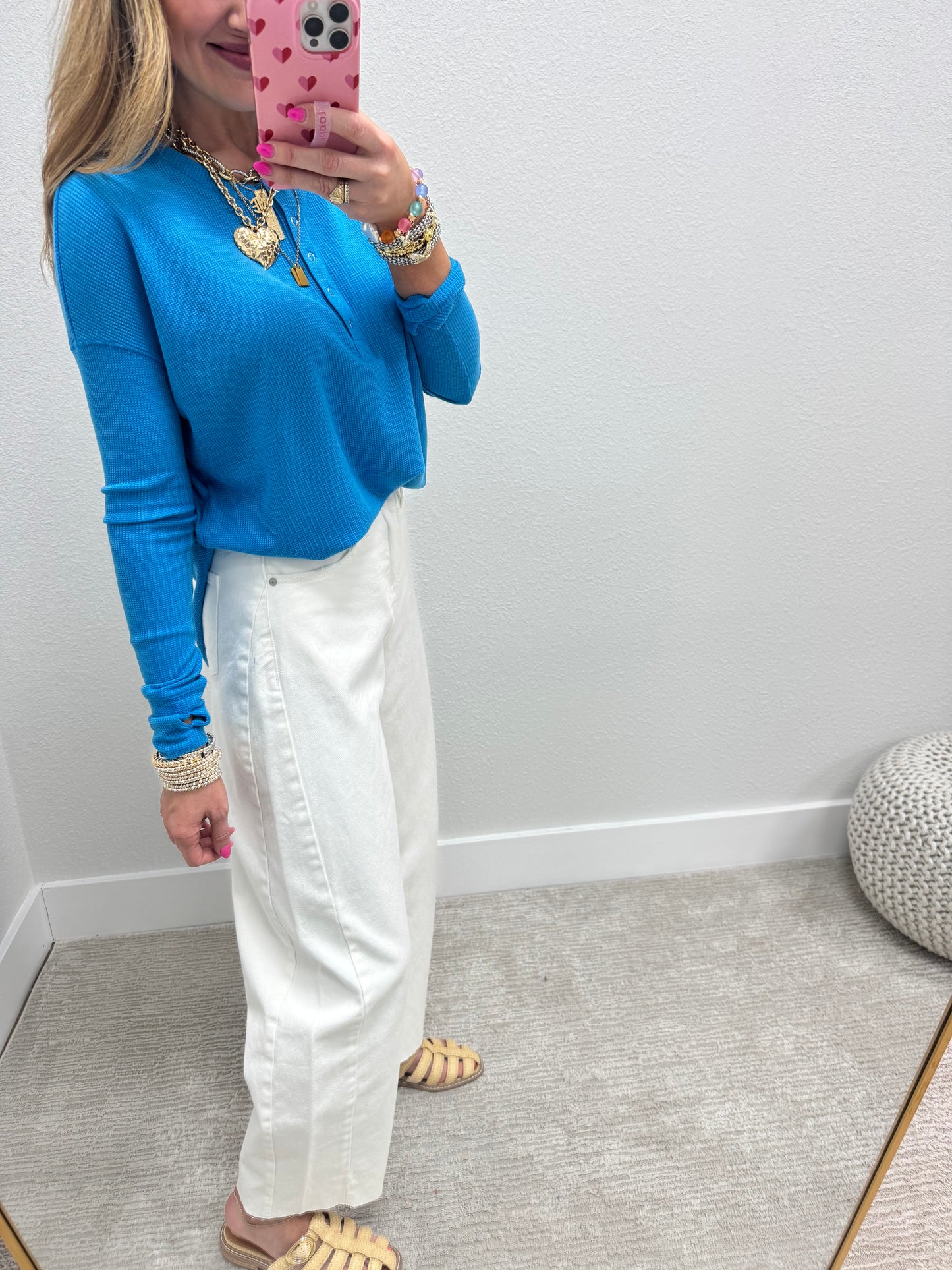 Turquoise Waffle Long Sleeve Henley Top