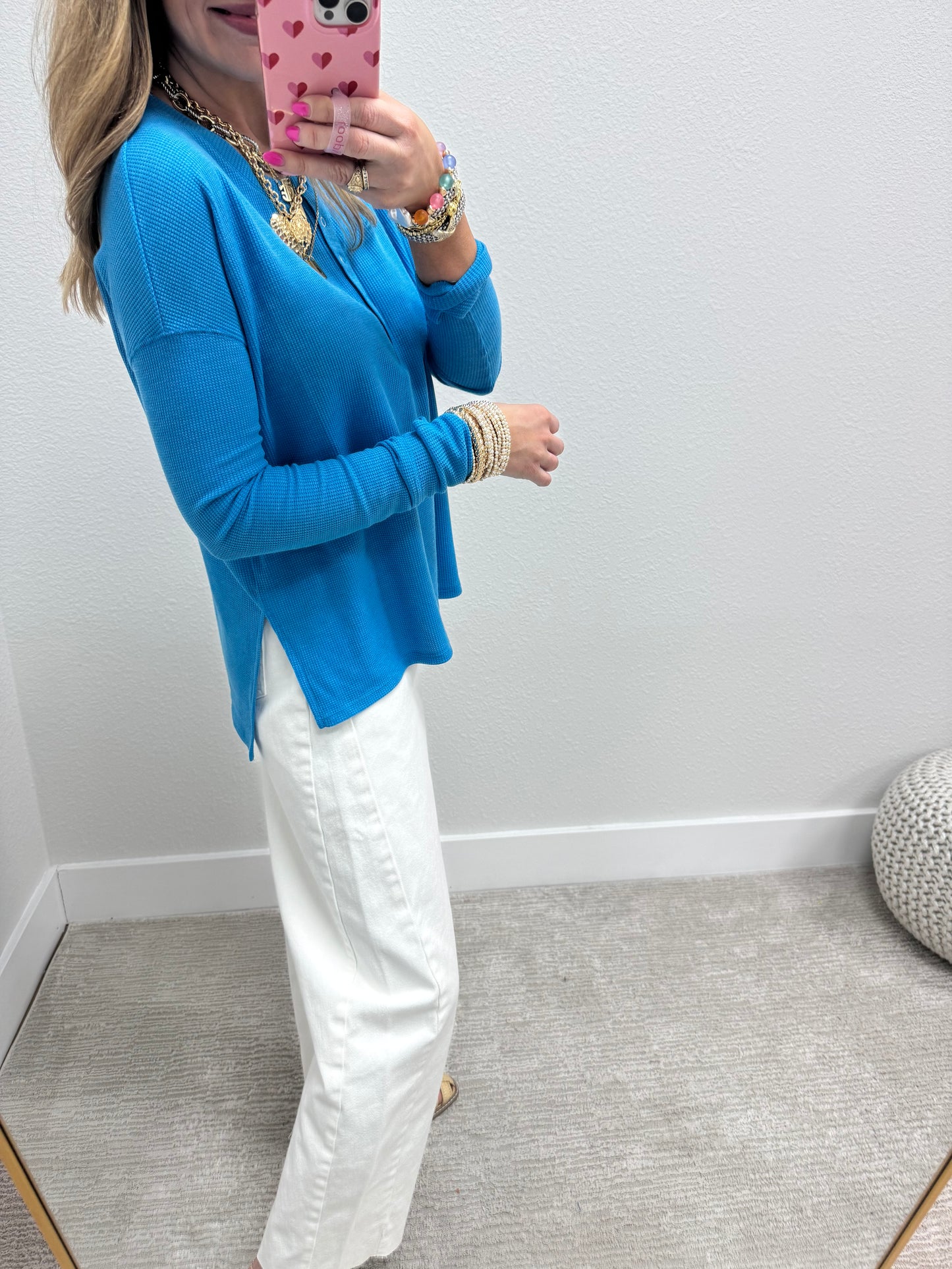 Turquoise Waffle Long Sleeve Henley Top