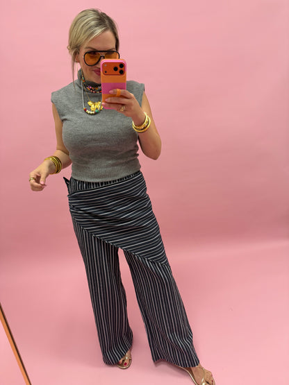 Ash Navy Stripe Wide Leg Pants with Removable Wrap Scarf