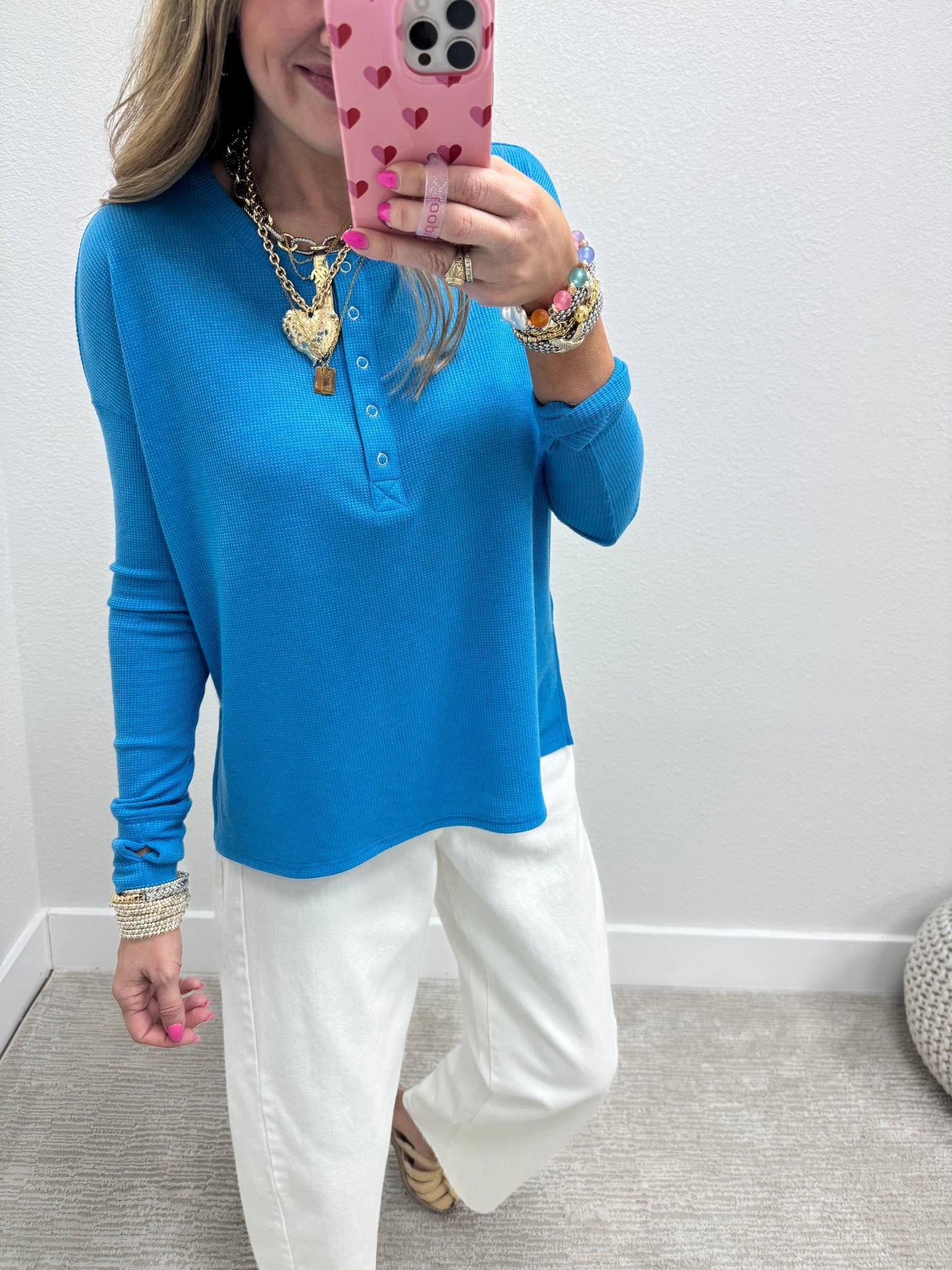Turquoise Waffle Long Sleeve Henley Top