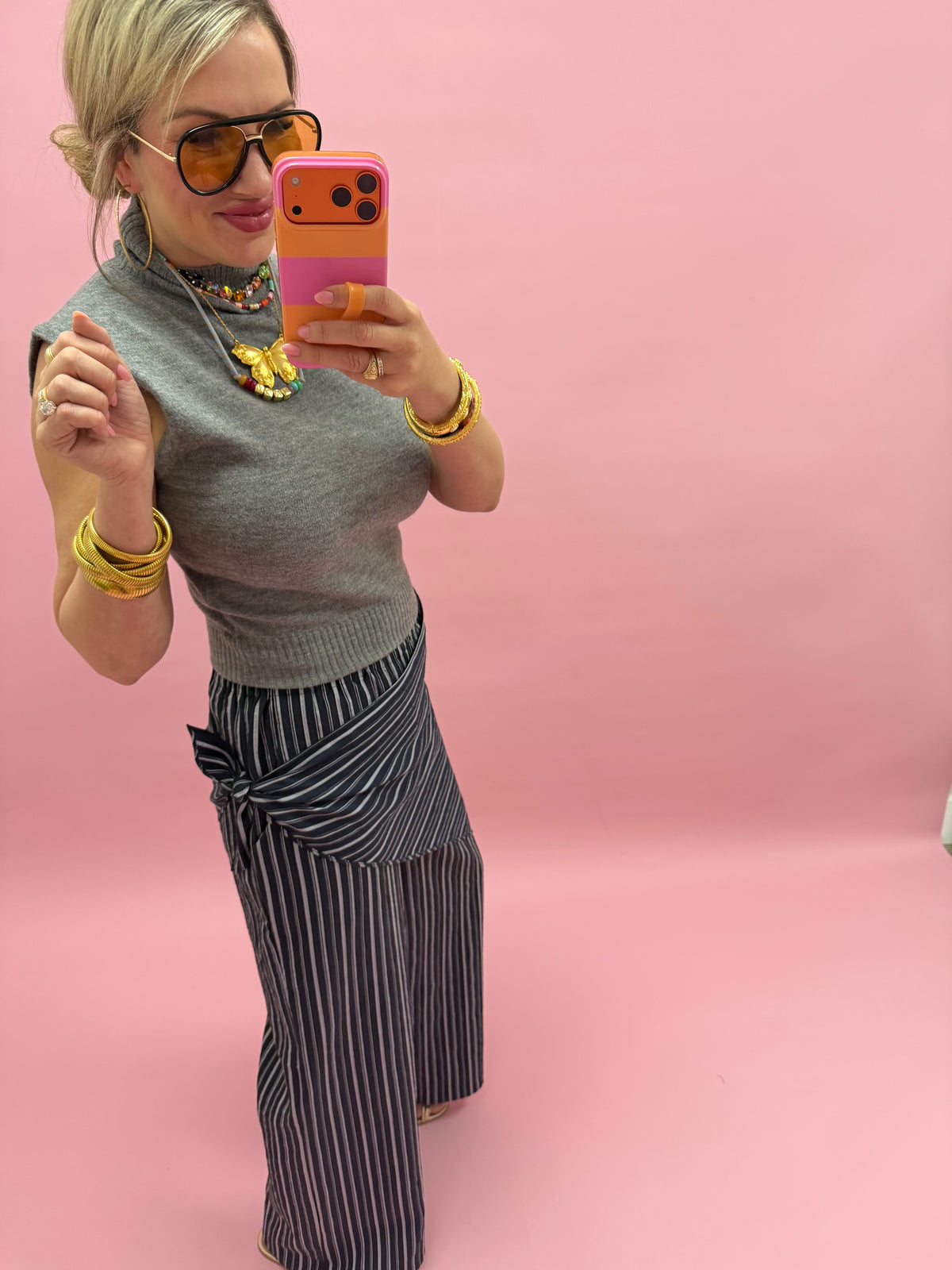 Ash Navy Stripe Wide Leg Pants with Removable Wrap Scarf