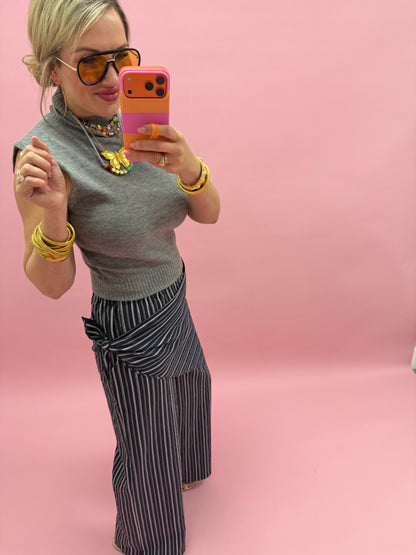 Ash Navy Stripe Wide Leg Pants with Removable Wrap Scarf