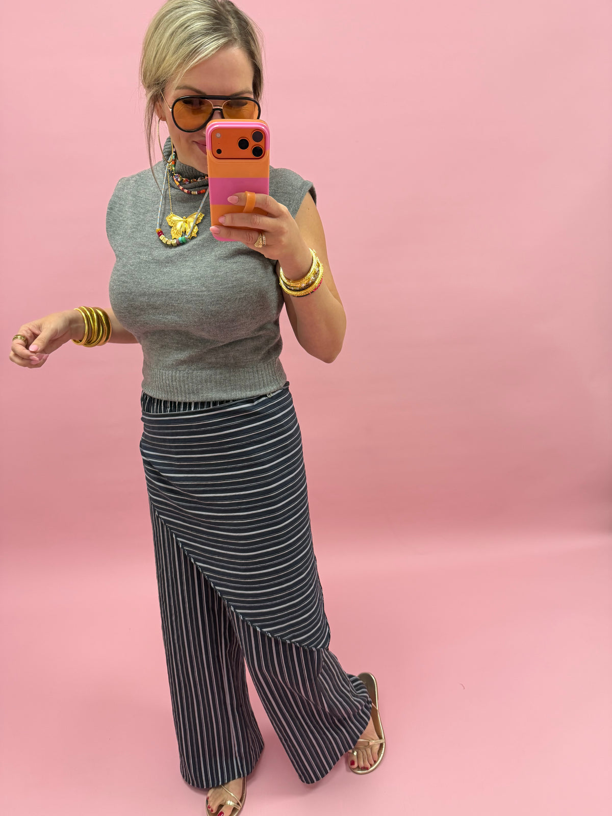 Ash Navy Stripe Wide Leg Pants with Removable Wrap Scarf