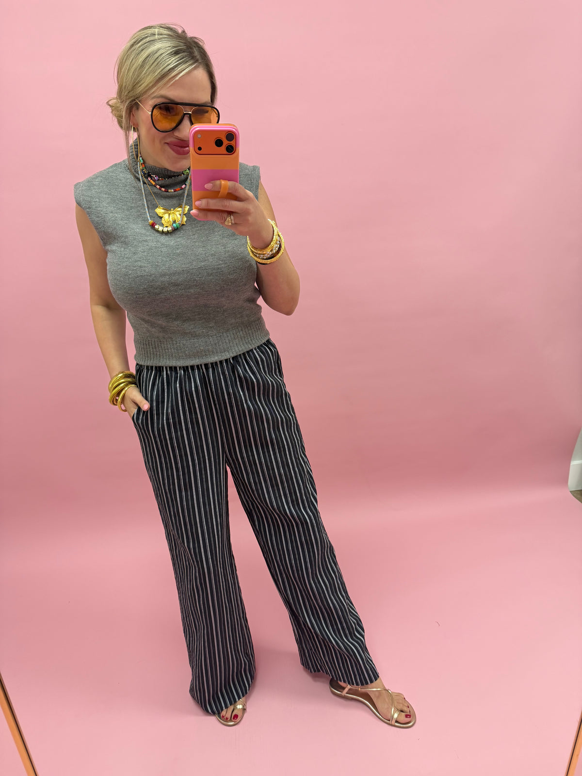 Ash Navy Stripe Wide Leg Pants with Removable Wrap Scarf