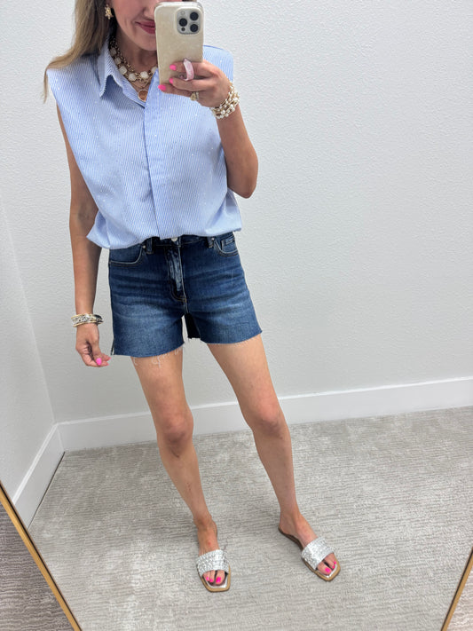 Blue and White Stripe Embellished Shoulder Pad Top