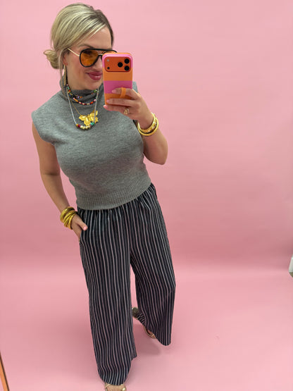 Ash Navy Stripe Wide Leg Pants with Removable Wrap Scarf