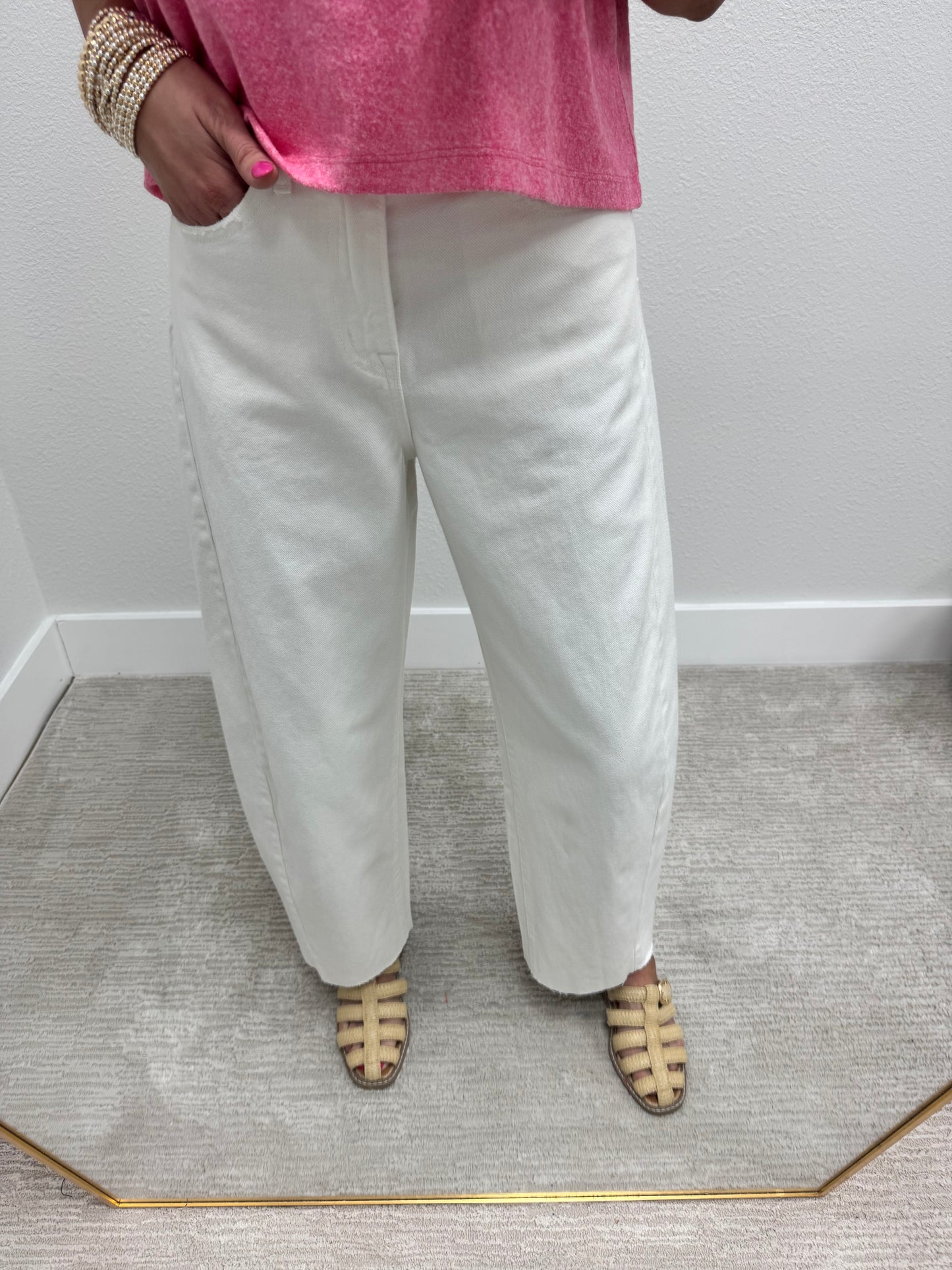 High Rise Full Length White Barrel Jeans FS