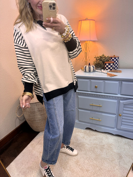 Black & Cream Oversized Striped Casual Knit Top