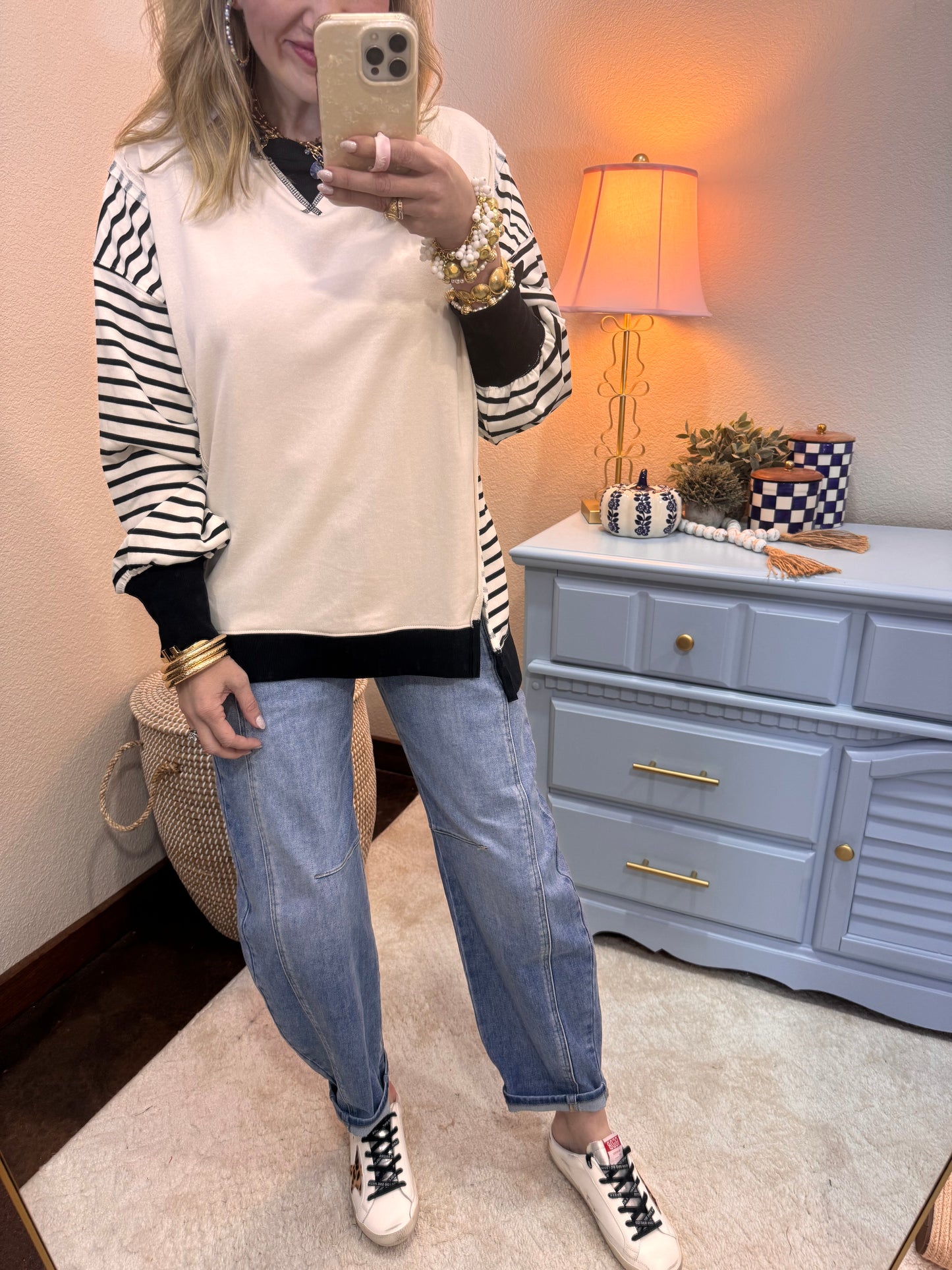 Black & Cream Oversized Striped Casual Knit Top