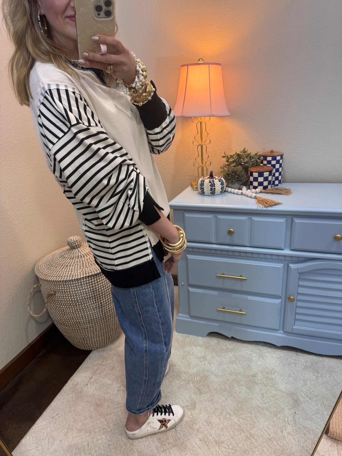 Black & Cream Oversized Striped Casual Knit Top