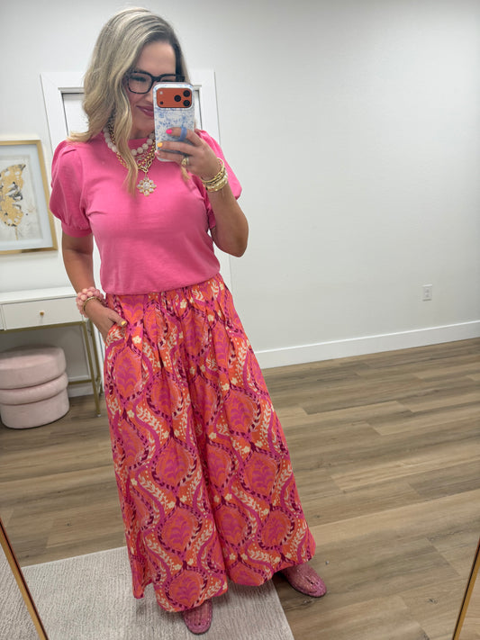 Taffy Pink Puff Sleeve V-stitch Crew Neck Top