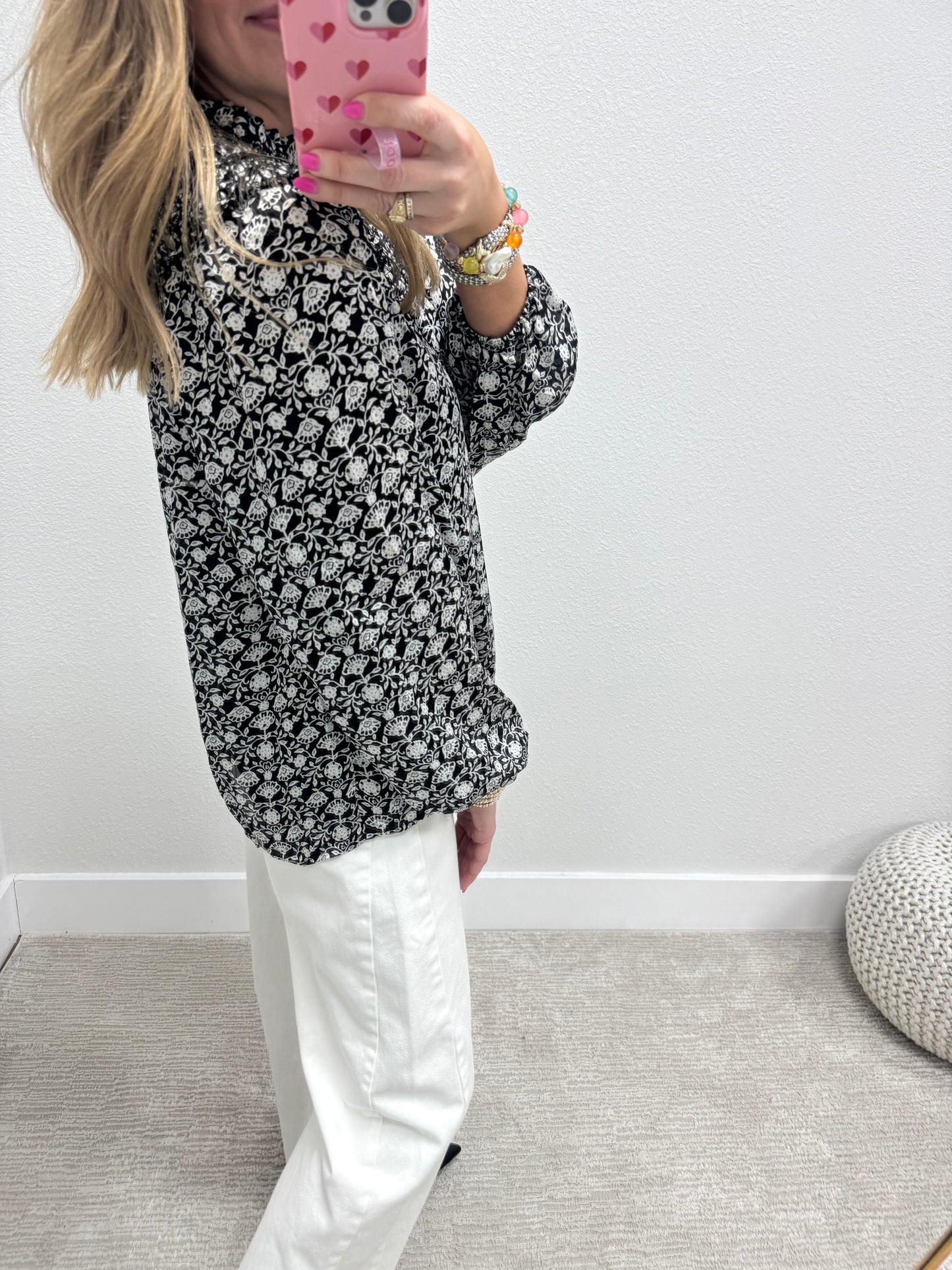 Black Print Smocked Layer Neckline Top