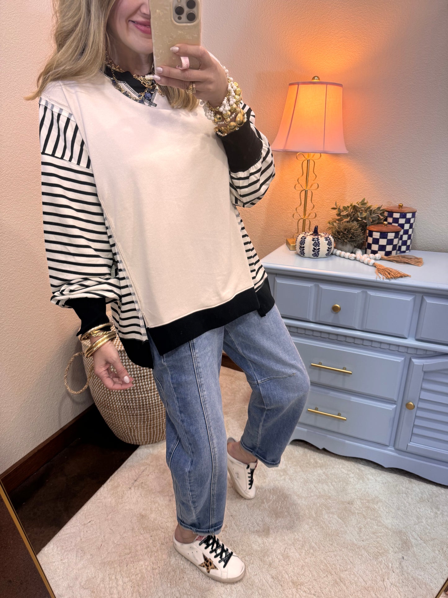 Black & Cream Oversized Striped Casual Knit Top