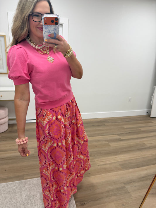 Taffy Pink Puff Sleeve V-stitch Crew Neck Top