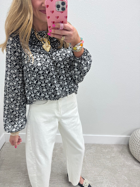 Black Print Smocked Layer Neckline Top