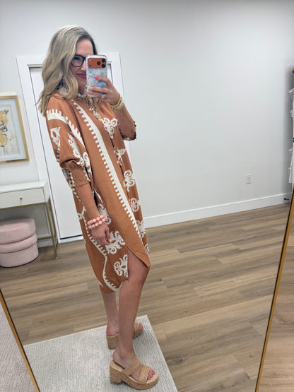 Mocha Printed Elastic Arm Dress