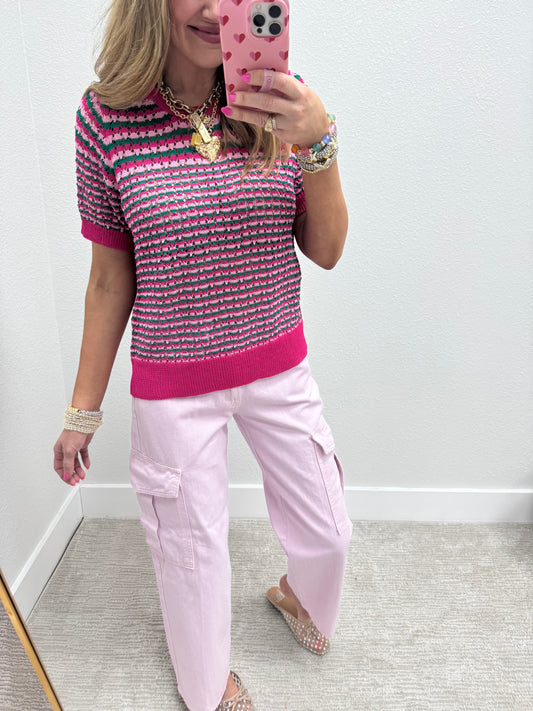Hot Pink Multicolor Crochet Knit Top