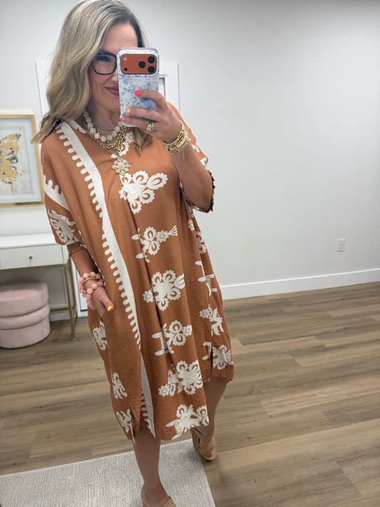 Mocha Printed Elastic Arm Dress