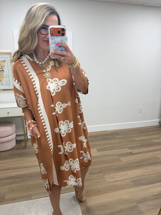 Mocha Printed Elastic Arm Dress