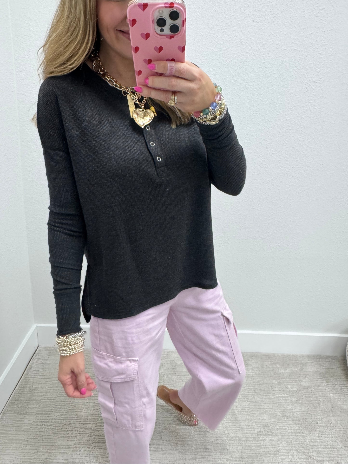 Black Waffle Long Sleeve Henley Top
