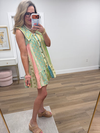 Green Mix Floral Gold Button Ruffle Dress